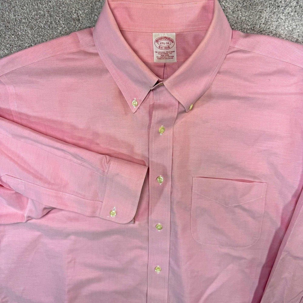 Brooks Brothers Shirt Mens 17.5 33 Pink Supima Cotton Oxford Traditional Fit